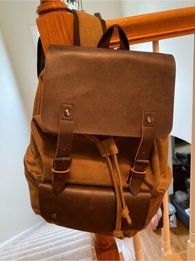 Brown Canvas & Leather Men’s Backpack with Flap